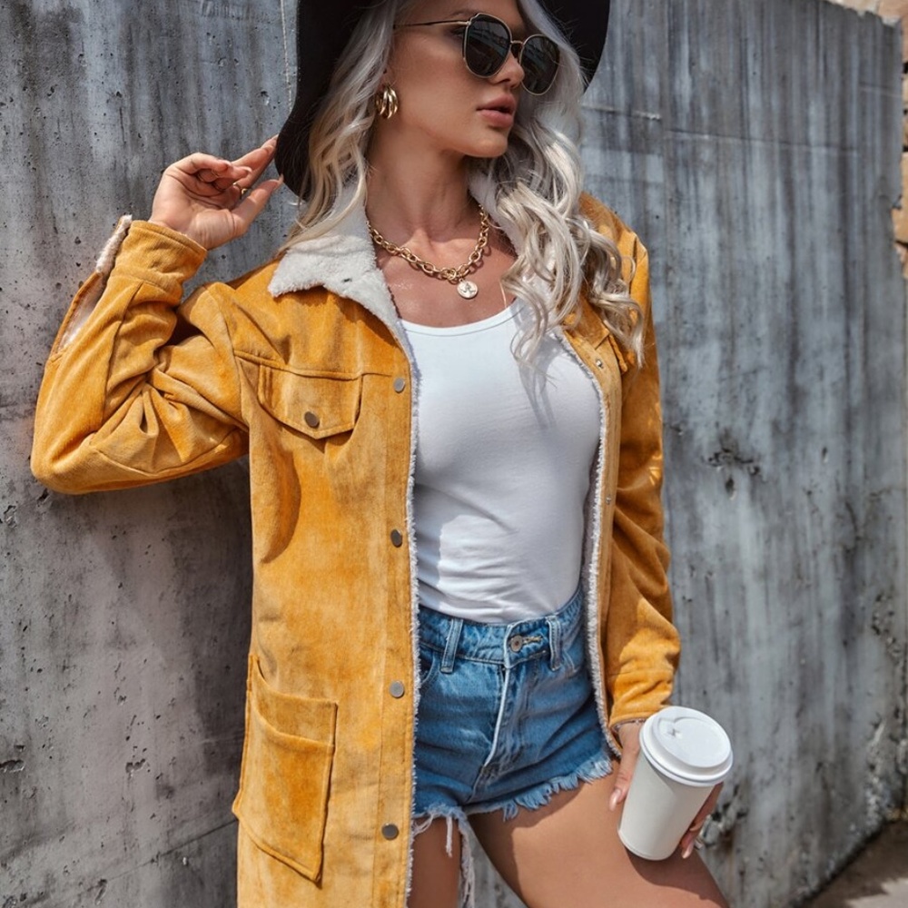 Snap Button Corduroy Shearling Lined Jacket Coat - image 7